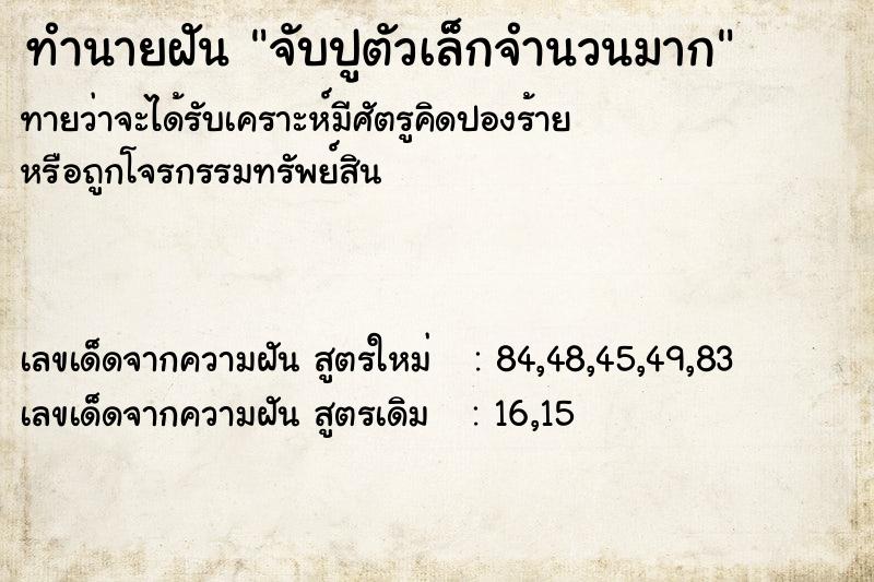 ทำนายฝันจับปูตัวเล็กจำนวนมาก ทำนายฝันทำนายฝันจับปูตัวเล็กจำนวนมาก