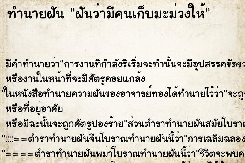 ทำนายฝัน ฝันว่ามีคนเก็บมะม่วงให้ ทำนายฝัน ฝันว่ามีคนเก็บมะม่วงให้