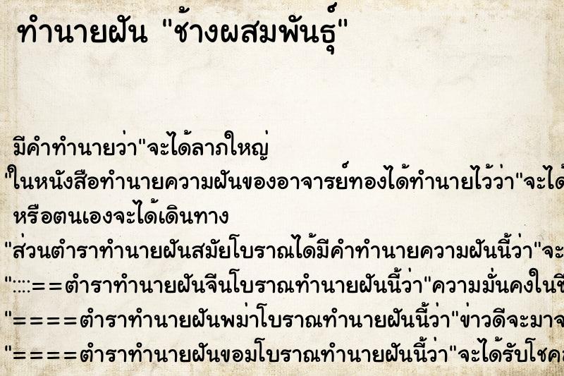 ทำนายฝันช้างผสมพันธ์ุ ทำนายฝันทำนายฝันช้างผสมพันธ์ุ