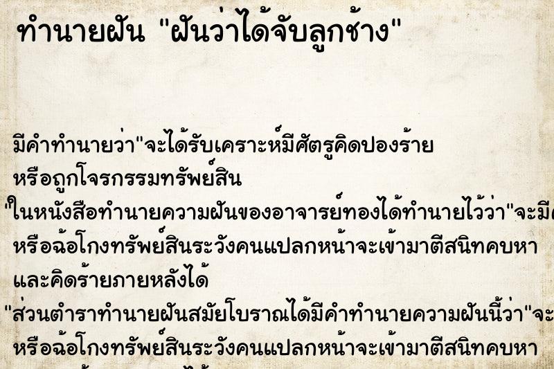 ทำนายฝัน ฝันว่าได้จับลูกช้าง ตำราโบราณ แม่นที่สุดในโลก