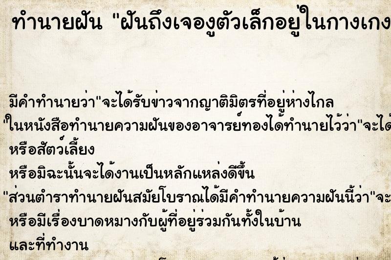 ทำนายฝันทำนายฝันฝันถึงเจองูตัวเล็กอยู่ในกางเกง