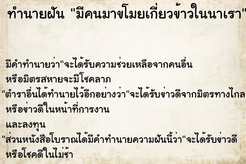 ทำนายฝัน มีคนมาขโมยเกี่ยวข้าวในนาเรา ทำนายฝัน มีคนมาขโมยเกี่ยวข้าวในนาเรา