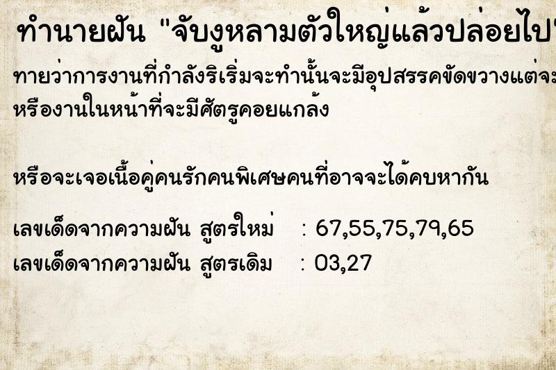 ทำนายฝันจับงูหลามตัวใหญ่แล้วปล่อยไป ทำนายฝันทำนายฝันจับงูหลามตัวใหญ่แล้วปล่อยไป