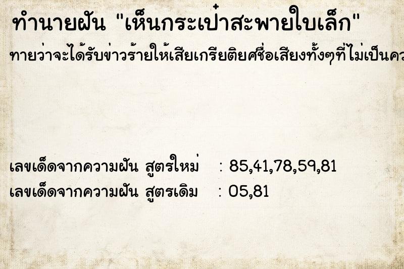 ทำนายฝันเห็นกระเป๋าสะพายใบเล็ก ทำนายฝันทำนายฝันเห็นกระเป๋าสะพายใบเล็ก