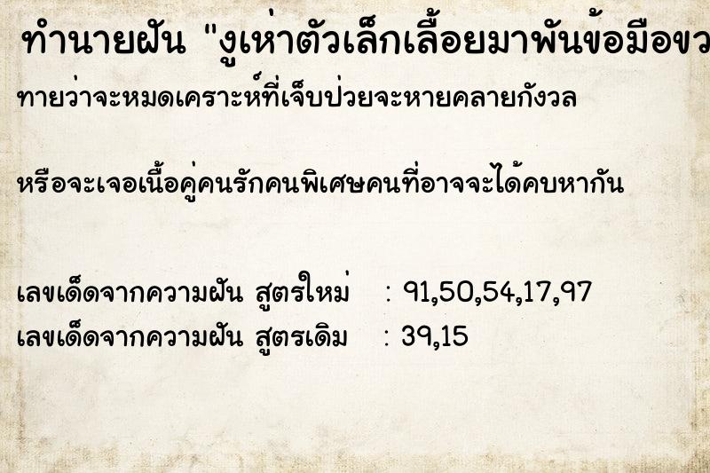 ทำนายฝันทำนายฝันงูเห่าตัวเล็กเลื้อยมาพันข้อมือขวา