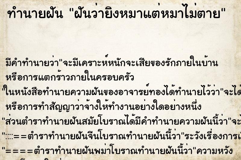 ทำนายฝัน ฝันว่ายิงหมาแต่หมาไม่ตาย ตำราโบราณ แม่นที่สุดในโลก