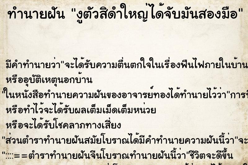 ทำนายฝันงูตัวสิดำใหญ่ได้จับมันสองมือ ทำนายฝันทำนายฝันงูตัวสิดำใหญ่ได้จับมันสองมือ