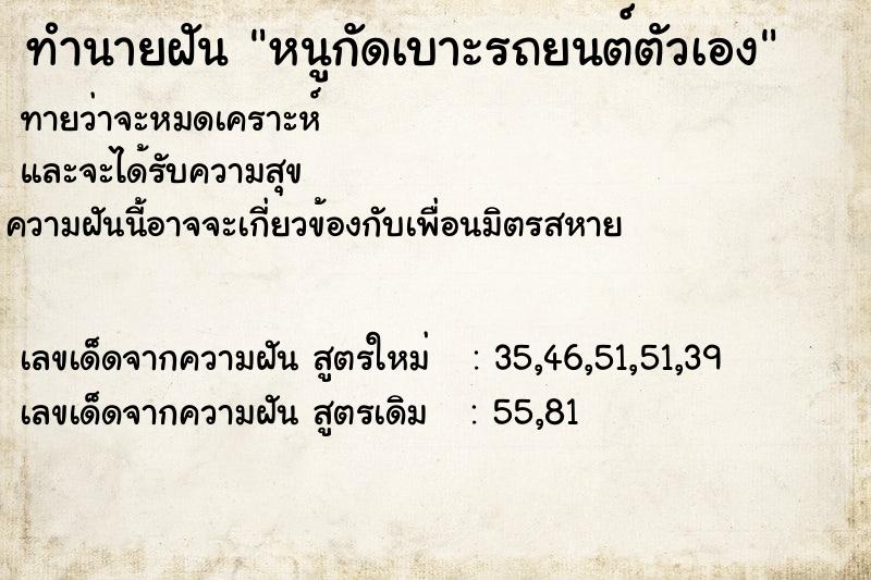 ทำนายฝันหนูกัดเบาะรถยนต์ตัวเอง ทำนายฝันทำนายฝันหนูกัดเบาะรถยนต์ตัวเอง