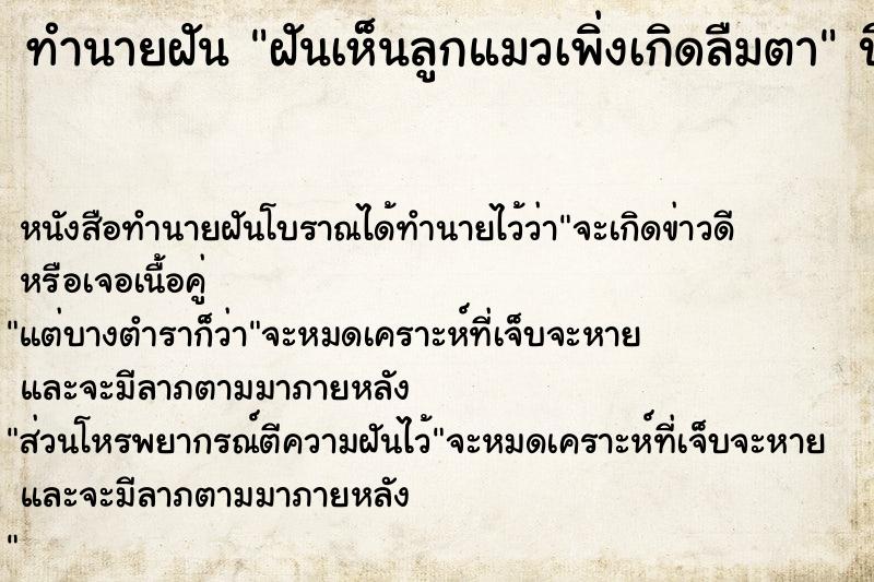 ทำนายฝันฝันเห็นลูกแมวเพิ่งเกิดลืมตา ทำนายฝันทำนายฝันฝันเห็นลูกแมวเพิ่งเกิดลืมตา