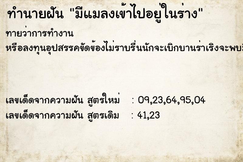 ทำนายฝันมีแมลงเข้าไปอยู่ในร่าง ทำนายฝันทำนายฝันมีแมลงเข้าไปอยู่ในร่าง