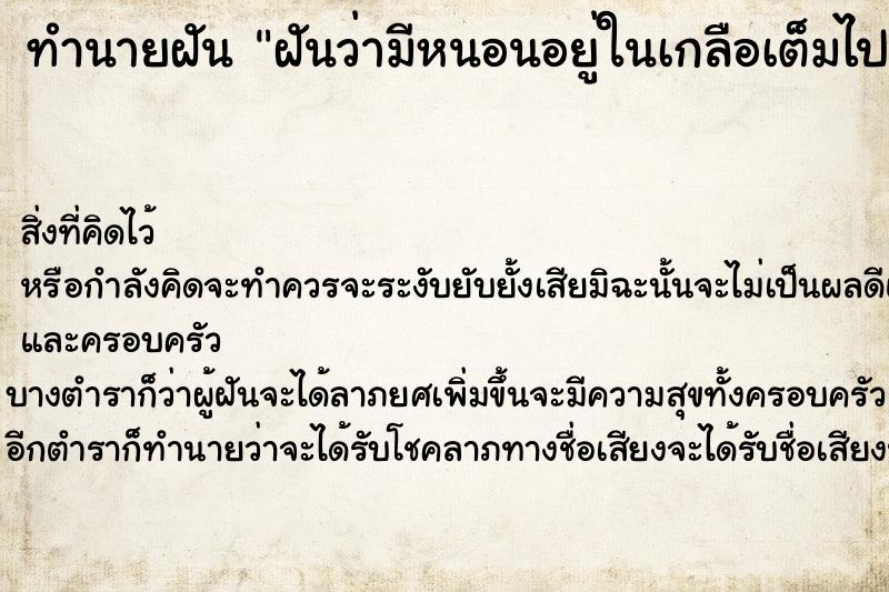 ทำนายฝันฝันว่ามีหนอนอยู่ในเกลือเต็มไปหมด ทำนายฝันทำนายฝันฝันว่ามีหนอนอยู่ในเกลือเต็มไปหมด