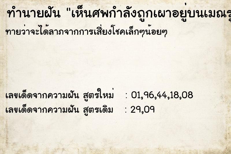 ทำนายฝันเห็นศพกำลังถูกเผาอยู่บนเมณรุ ทำนายฝันทำนายฝันเห็นศพกำลังถูกเผาอยู่บนเมณรุ