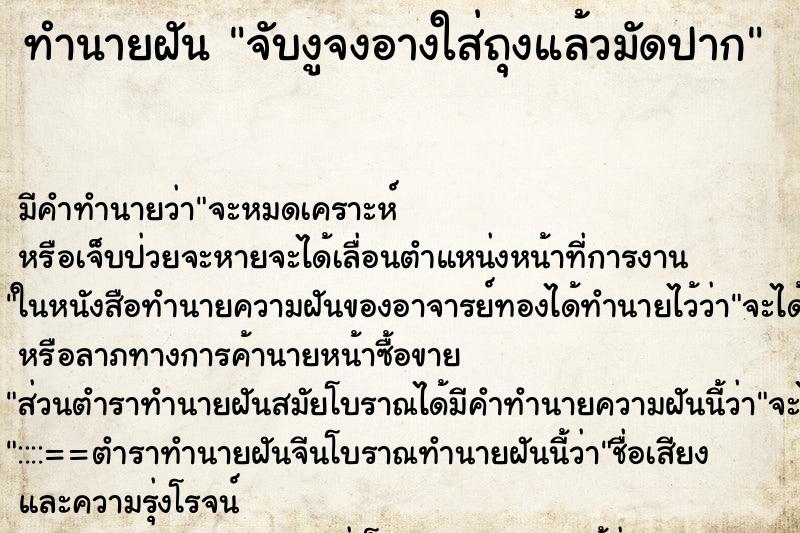 ทำนายฝันจับงูจงอางใส่ถุงแล้วมัดปาก ทำนายฝันทำนายฝันจับงูจงอางใส่ถุงแล้วมัดปาก