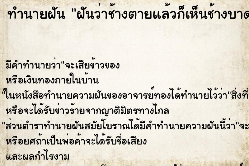 ทำนายฝัน ฝันว่าช้างตายแล้วก็เห็นช้างบาดเจ็บเจียนตาย ทำนายฝัน ฝันว่าช้างตายแล้วก็เห็นช้างบาดเจ็บเจียนตาย