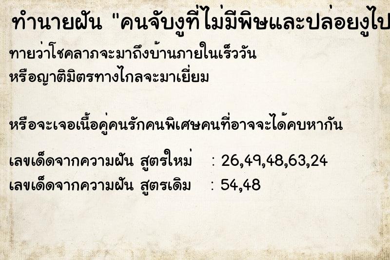 ทำนายฝันคนจับงูที่ไม่มีพิษและปล่อยงูไป ทำนายฝันทำนายฝันคนจับงูที่ไม่มีพิษและปล่อยงูไป