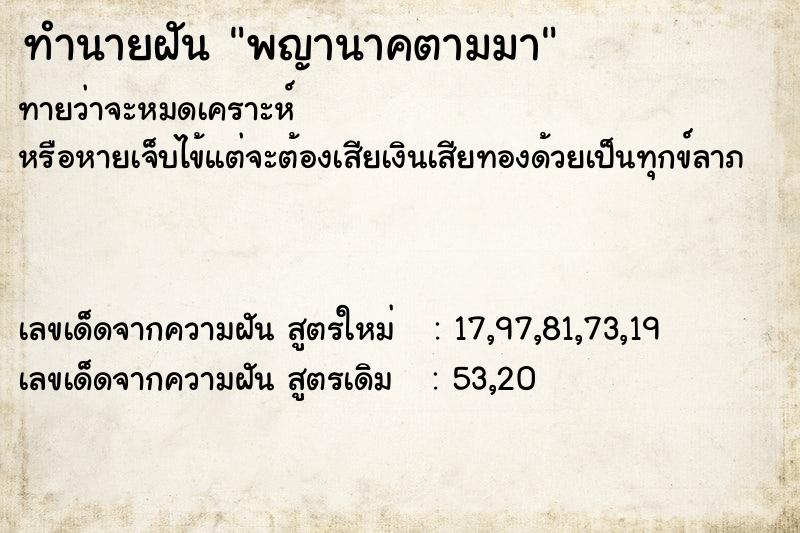 ทำนายฝันพญานาคตามมา ทำนายฝันทำนายฝันพญานาคตามมา