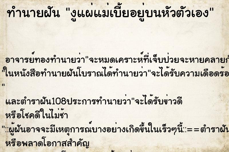 ทำนายฝันทำนายฝันงูแผ่แม่เบี้ยอยู่บนหัวตัวเอง