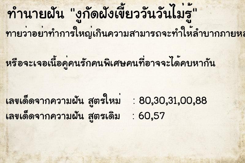 ทำนายฝันงูกัดฝังเขี้ยววันวันไม่รู้ ทำนายฝันทำนายฝันงูกัดฝังเขี้ยววันวันไม่รู้