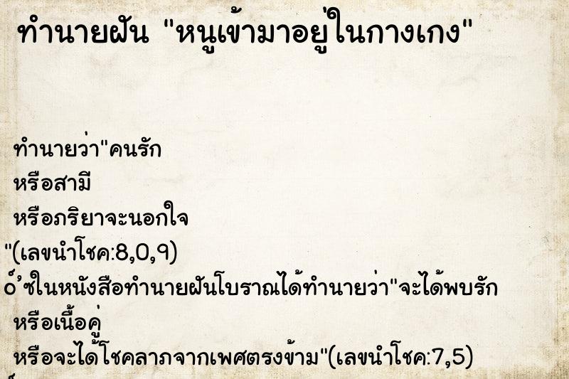 ทำนายฝัน หนูเข้ามาอยู่ในกางเกง ทำนายฝัน หนูเข้ามาอยู่ในกางเกง