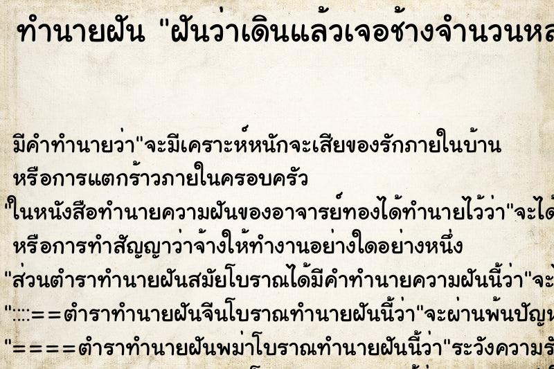 ทำนายฝันฝันว่าเดินแล้วเจอช้างจำนวนหลายตัว ทำนายฝันทำนายฝันฝันว่าเดินแล้วเจอช้างจำนวนหลายตัว