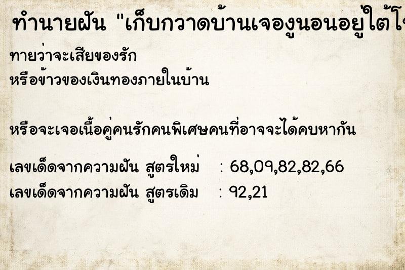 ทำนายฝันเก็บกวาดบ้านเจองูนอนอยู่ใต้โซฟา ทำนายฝันทำนายฝันเก็บกวาดบ้านเจองูนอนอยู่ใต้โซฟา