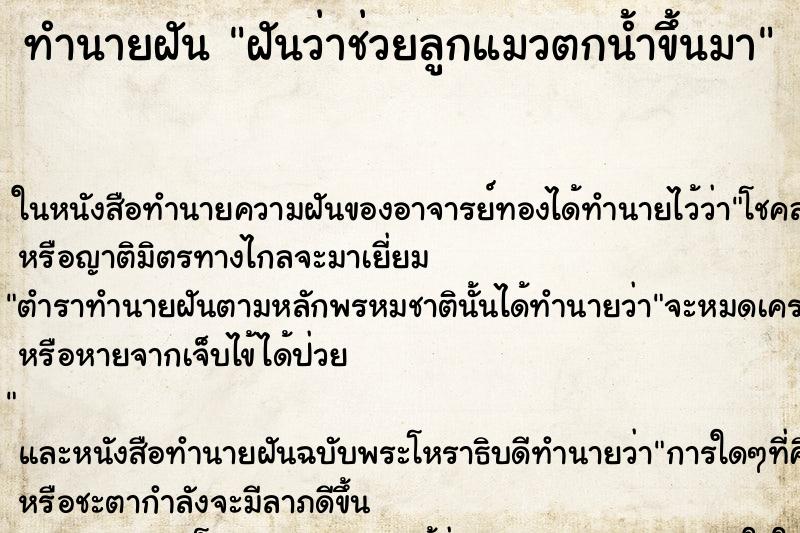 ทำนายฝันฝันว่าช่วยลูกแมวตกน้ำขึ้นมา ทำนายฝันทำนายฝันฝันว่าช่วยลูกแมวตกน้ำขึ้นมา