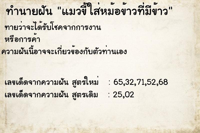 ทำนายฝันแมวขี้ใส่หม้อข้าวที่มีข้าว ทำนายฝันทำนายฝันแมวขี้ใส่หม้อข้าวที่มีข้าว