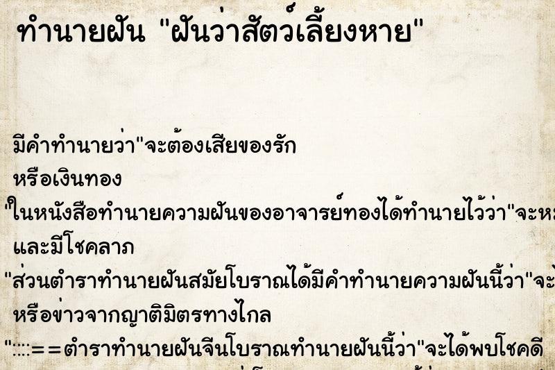 ทำนายฝัน ฝันว่าสัตว์เลี้ยงหาย ทำนายฝัน ฝันว่าสัตว์เลี้ยงหาย