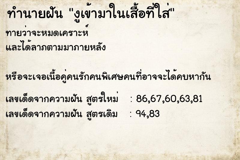 ทำนายฝันงูเข้ามาในเสื้อที่ใส่ ทำนายฝันทำนายฝันงูเข้ามาในเสื้อที่ใส่