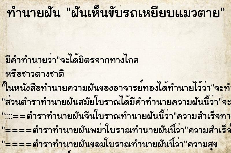 ทำนายฝัน ฝันเห็นขับรถเหยียบแมวตาย ทำนายฝัน ฝันเห็นขับรถเหยียบแมวตาย