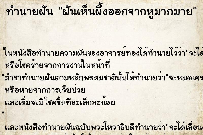 ทำนายฝันฝันเห็นผึ้งออกจากหูมากมาย ทำนายฝันทำนายฝันฝันเห็นผึ้งออกจากหูมากมาย