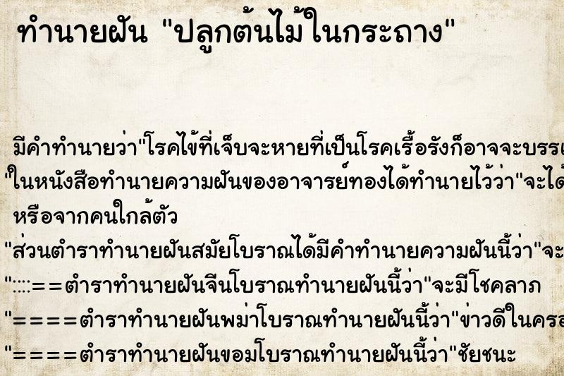 ทำนายฝัน ปลูกต้นไม้ในกระถาง แม่นๆ ฟรี ด้วยตำราหนังสือทำนายฝันโบราณ ทำนายฝันปลูกต้นไม้ในกระถาง