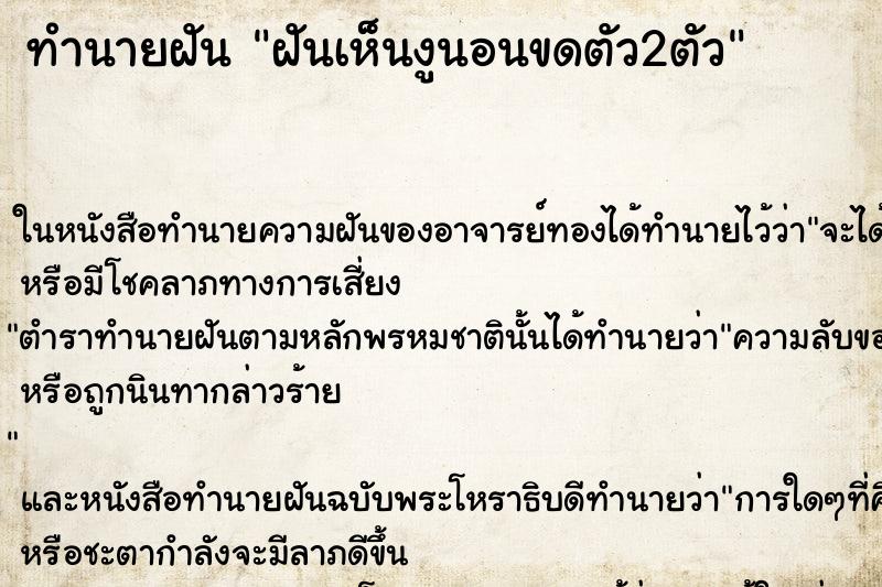 ทำนายฝันฝันเห็นงูนอนขดตัว2ตัว ทำนายฝันทำนายฝันฝันเห็นงูนอนขดตัว2ตัว