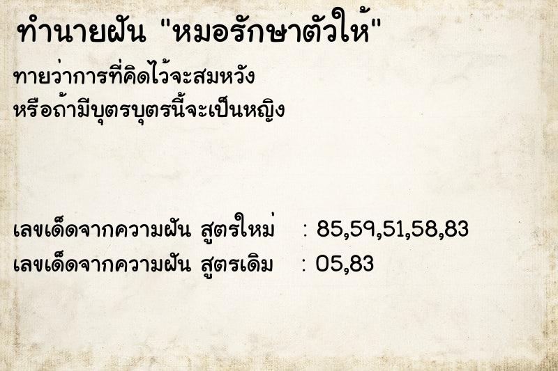 ทำนายฝันหมอรักษาตัวให้ ทำนายฝันทำนายฝันหมอรักษาตัวให้