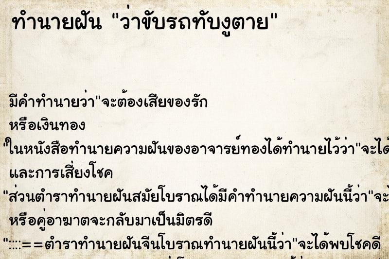 ทำนายฝันว่าขับรถทับงูตาย ทำนายฝันทำนายฝันว่าขับรถทับงูตาย