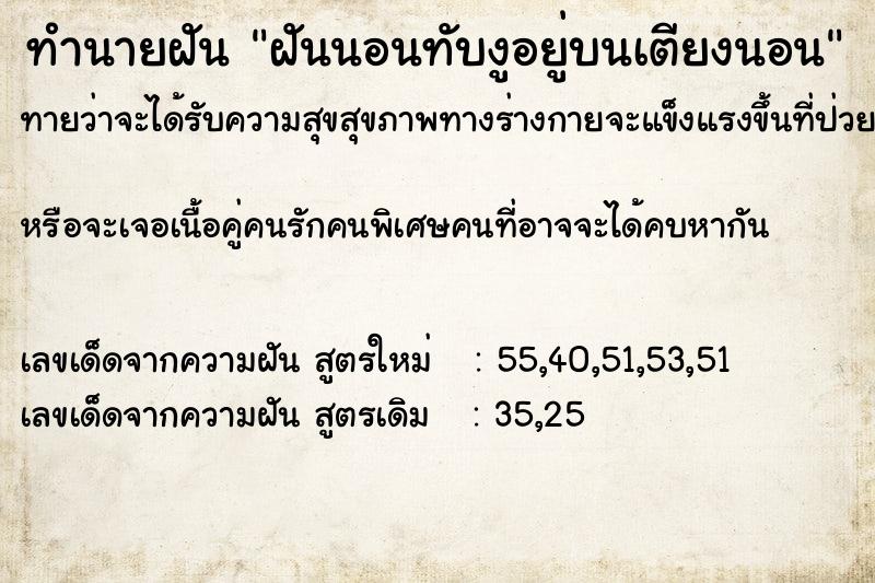 ทำนายฝันฝันนอนทับงูอยู่บนเตียงนอน ทำนายฝันทำนายฝันฝันนอนทับงูอยู่บนเตียงนอน