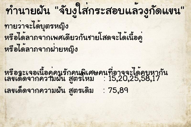 ทำนายฝันจับงูใส่กระสอบแล้วงูกัดแขน ทำนายฝันทำนายฝันจับงูใส่กระสอบแล้วงูกัดแขน