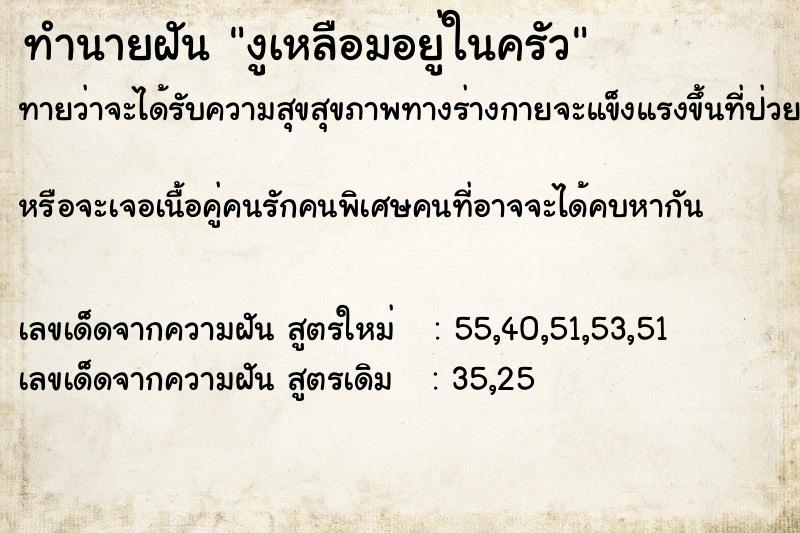 ทำนายฝันงูเหลือมอยู่ในครัว ทำนายฝันทำนายฝันงูเหลือมอยู่ในครัว