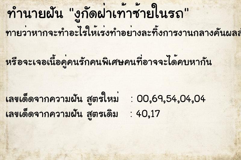 ทำนายฝันงูกัดฝ่าเท้าซ้ายในรถ ทำนายฝันทำนายฝันงูกัดฝ่าเท้าซ้ายในรถ