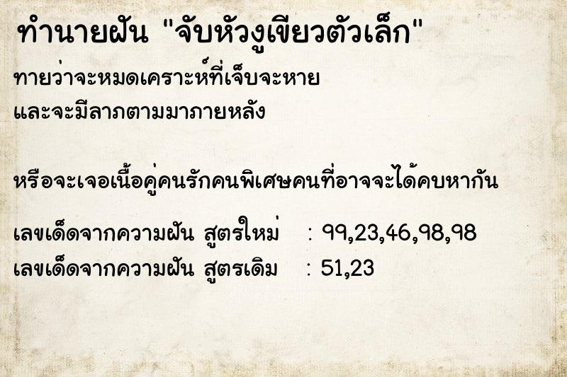 ทำนายฝันจับหัวงูเขียวตัวเล็ก ทำนายฝันทำนายฝันจับหัวงูเขียวตัวเล็ก