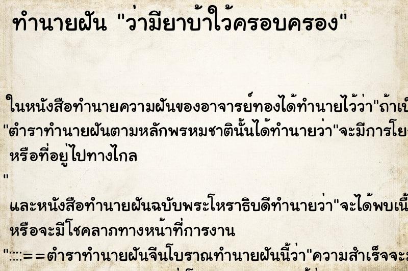 ทำนายฝันทำนายฝันว่ามียาบ้าใว้ครอบครอง