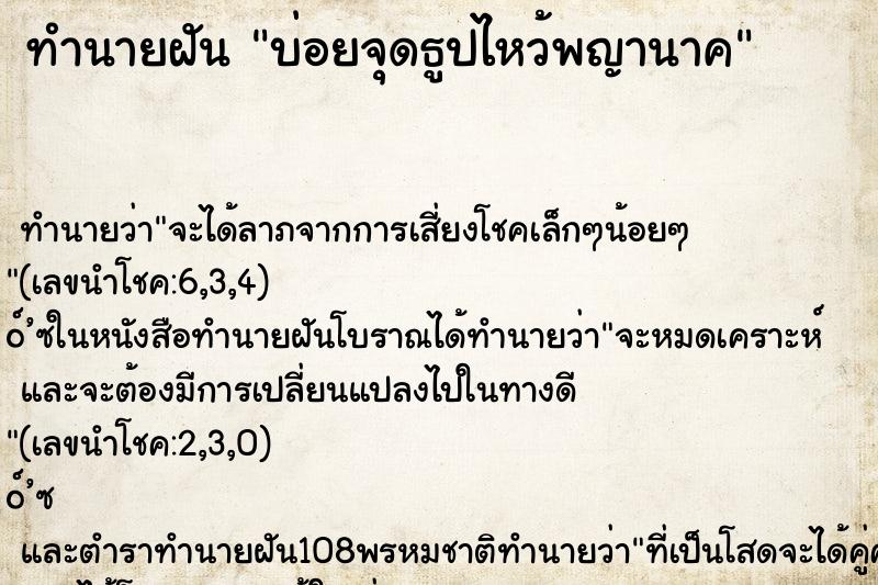 ทำนายฝันทำนายฝันบ่อยจุดธูปไหว้พญานาค