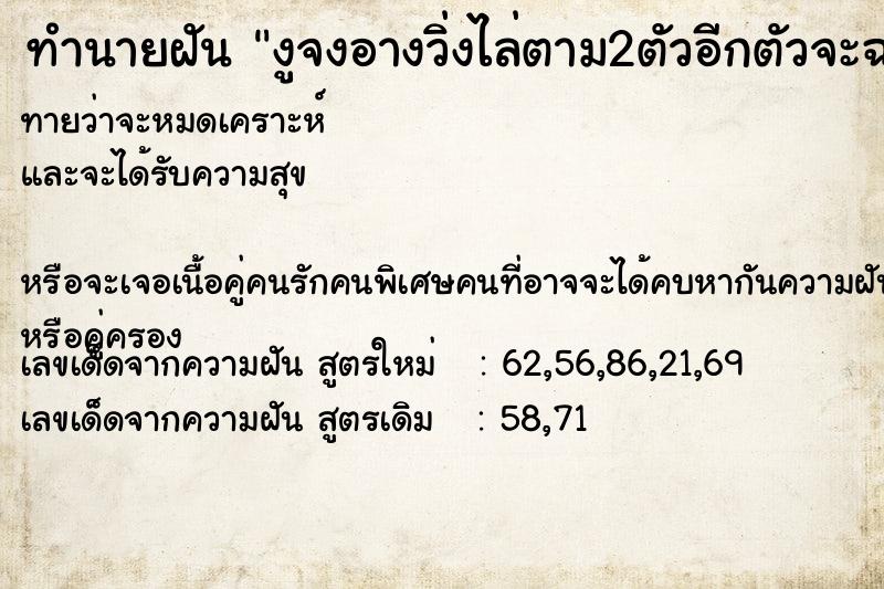ทำนายฝัน งูจงอางวิ่งไล่ตาม2ตัวอีกตัวจะฉก