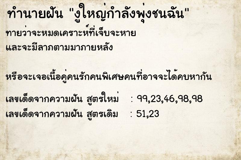 ทำนายฝันงูใหญ่กำลังพุ่งชนฉัน ทำนายฝันทำนายฝันงูใหญ่กำลังพุ่งชนฉัน