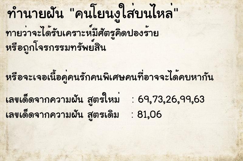 ทำนายฝันคนโยนงูใส่บนไหล่ ทำนายฝันทำนายฝันคนโยนงูใส่บนไหล่