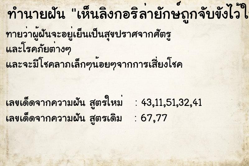 ทำนายฝันเห็นลิงกอริล่ายักษ์ถูกจับขังไว้ในหุบเขา ทำนายฝันทำนายฝันเห็นลิงกอริล่ายักษ์ถูกจับขังไว้ในหุบเขา