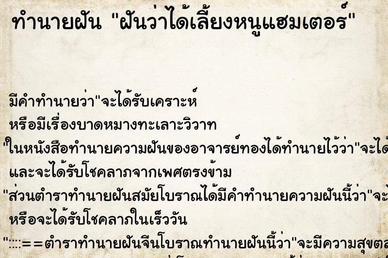 ทำนายฝัน ฝันว่าได้เลี้ยงหนูแฮมเตอร์ ทำนายฝัน ฝันว่าได้เลี้ยงหนูแฮมเตอร์