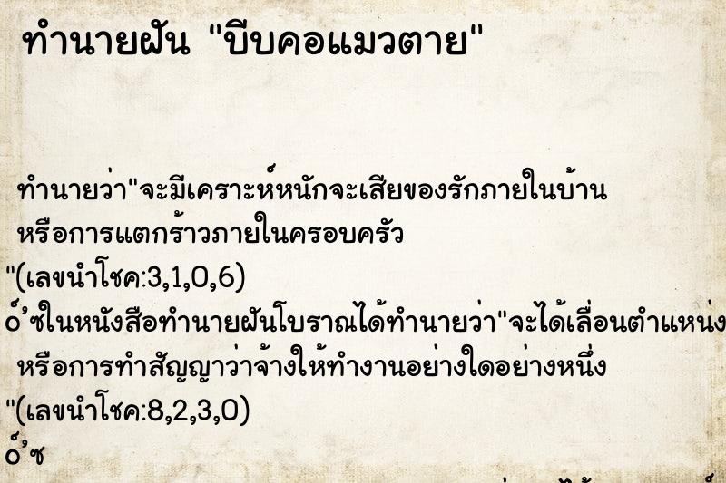 ทำนายฝัน บีบคอแมวตาย ตำราโบราณ แม่นที่สุดในโลก