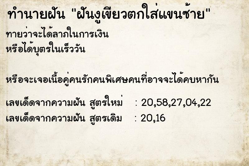 ทำนายฝัน ฝันงูเขียวตกใส่แขนซ้าย ทำนายฝัน ฝันงูเขียวตกใส่แขนซ้าย