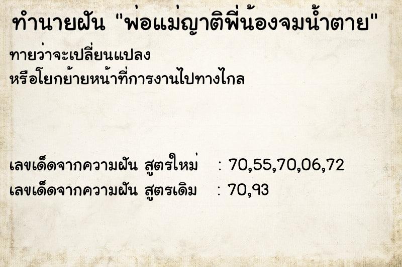 ทำนายฝันพ่อแม่ญาติพี่น้องจมน้ำตาย ทำนายฝันทำนายฝันพ่อแม่ญาติพี่น้องจมน้ำตาย